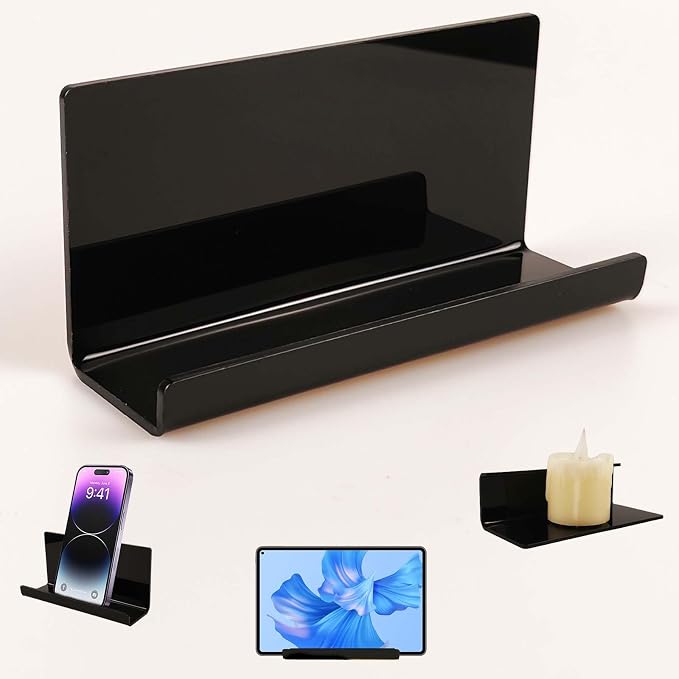 Adhesive Tablet Wall Mounted Phone Holder Acrylic Floating Shelves,eReader Wall Smartphone Holder Stand for Bedroom,Living Room,Dorm,Office Display Shelf (Black)