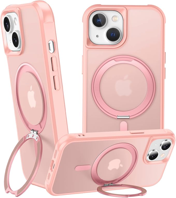 360° Magnetic Swivel Ring for iPhone 15case, Built-in Metal Stand and Ring Holder, Magsafe Compatible, Military Grade Protection, Shock and Vibration Resistant - Pink