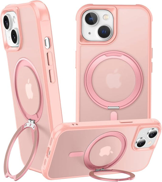 360° Magnetic Swivel Ring for iPhone 15 Plus case, Built-in Metal Stand and Ring Holder, Magsafe Compatible, Military Grade Protection, Shock and Vibration Resistant- Pink
