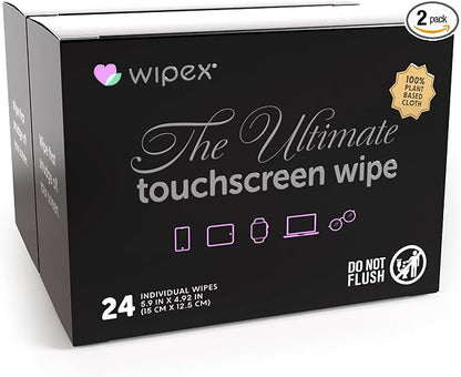 Wipex Ultimate Car Screen Cleaner - 48ct Auto Screen Wipes, Streak-Free & Residue-Free, Plant-Based Black Cloth for Interior, Mirrors & Dashboard, 24ct Individually Wrapped (Pack of 2)
