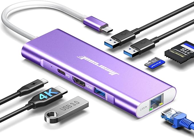 Hiearcool USB C Hub, USB C Dock with Ethernet, 4K@60 HDMI, Purple