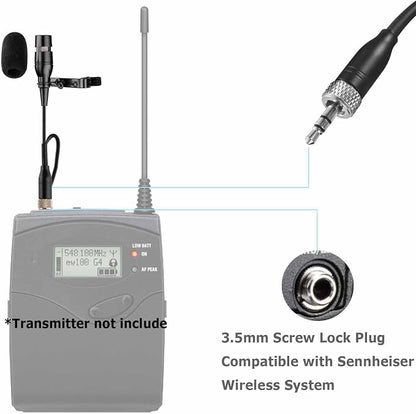 Black Lapel Lavalier Microphone Unidirectional Condenser Super Cardioid Mic Compatible with Sennheiser Wireless Bodypack Transmitter System with 3.5mm Female Screw Plug