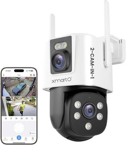 xmartO WiFi6 Dual-Lens Security Camera, 4MP QHD 2-in-1 Home Camera with 180° Static FOV & 360°PTZ AI Tracking, 5G/2.4G Dual Band, Bluetooth Easy Setup, (Works Only w WiFi6 NVR, Also Works Standalone)