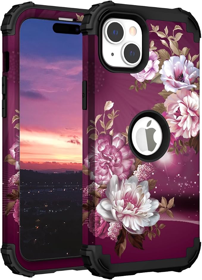 Hocase for iPhone 15 Plus Case, Heavy Duty Shockproof Protection Soft Silicone Rubber Bumper+Hard Plastic Hybrid Protective Case for iPhone 15 Plus 6.7" 2023 - Royal Purple Flowers