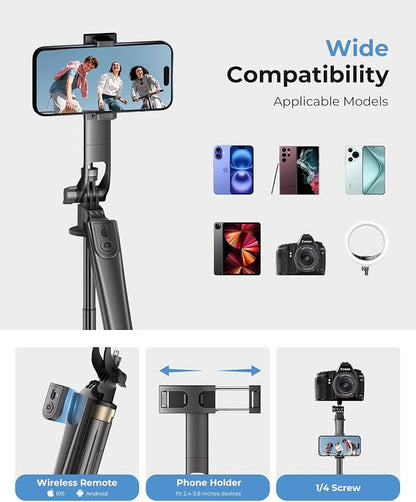 72" Phone Tripod, Tripod for iPhone with Wireless Remote Control, Portable Selfie Stick for iPhone, Live Streaming, Video Recording, Compatible with Cell Phones, Cameras
