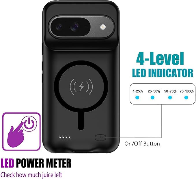Battery Case for Google Pixel 9/9 Pro, 10000mAh Rechargeable Portable Charging Case with Wireless Charging Compatible for Google Pixel 9/9 Pro (6.3 inch) Extended Battery Pack Charger Cover (Black)