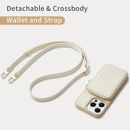 ZVE for iPhone 14 Pro Wallet Case Crossbody, Zipper Card Phone Case with Wrist Strap, Leather Cover with RFID Blocking for Women Compatible with iPhone 14 Pro, 6.1 inch, 2022-Beige