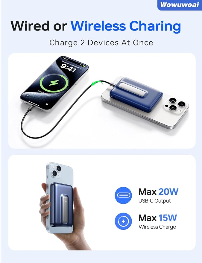 for Magsafe Portable Charger, 10000mAh Wireless Power Bank with Stand and PD 20W, USB C Fast Charging Powerbank, Magnetic Battery Pack Compatible with iPhone 17/16/15/14/13/12 Pro Max - Dark Blue