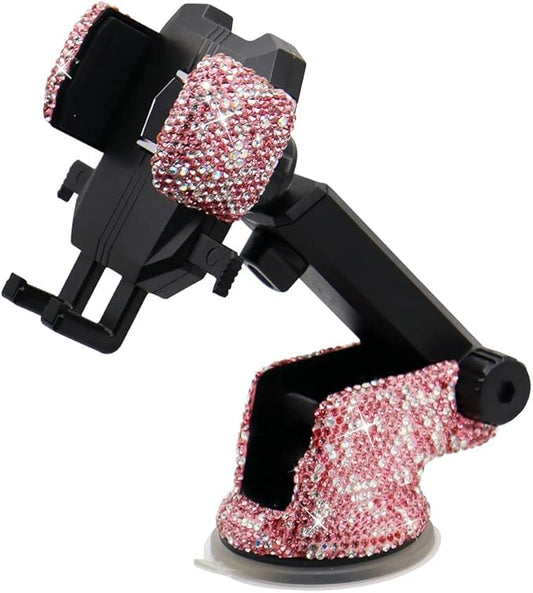 Bling Car Phone Mount Holder,Shiny Crystal Rhinestone Phone Stand for Women and Girls, Car Accessories for Windshield, Compatible with Most Cellphones (Pink)
