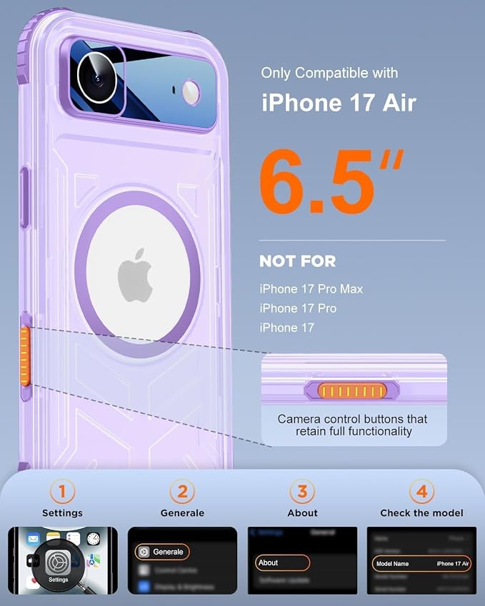 for iPhone Air Waterproof Case with Magsafe, Built-in [Camera & Screen Protector] [Lanyard], IP68 Water Proof Full Body Dustproof Heavy Duty Frosted Protective Phone Cover, 6.7" Purple