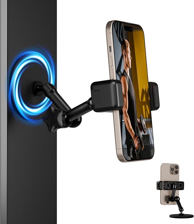 Magnetic Phone Holder for Gym - Heavy Duty Gym Phone Holder Magnet with Strong Magnetic Force, Attach to Metal Surfaces, 360°Adjustable Arm, Compatible with 4"-7" Smartphones