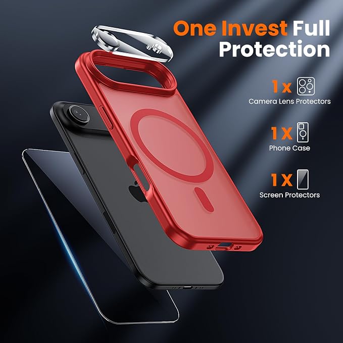 3 in 1 for iPhone Air Case Matte Red,Fits MagSafe, Screen Protector*1 Camera Lens Protector*1,Matte Skin Feeling Back, Cover Military-Grade Protection