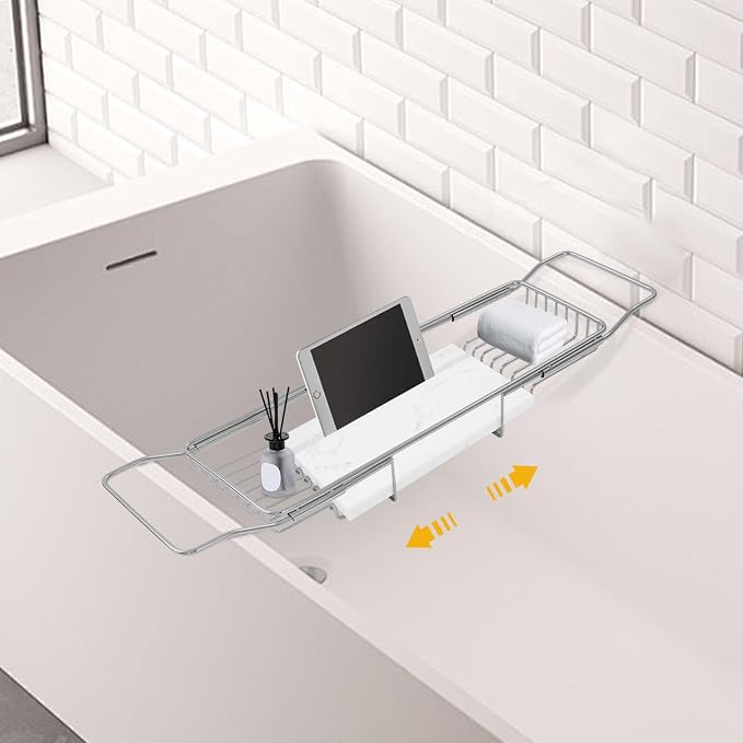 Expandable Bathtub Tray Caddy for Luxury Bath, Extra Wide Acrylic Tub Tray with Natural Marble Board, Waterproof Bath Tub Shelf for Phone, Wine, Book, Tablet Stand - Ideal Home Spa (Silver, White)