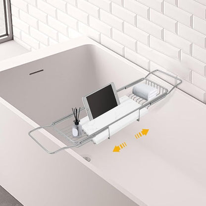 Expandable Bathtub Tray Caddy for Luxury Bath, Extra Wide Acrylic Tub Tray with Natural Marble Board, Waterproof Bath Tub Shelf for Phone, Wine, Book, Tablet Stand - Ideal Home Spa (Silver, White)
