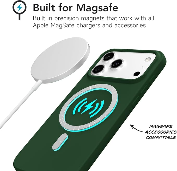 for iPhone 17 Pro Max Case Silicone Compatible with Magsafe Case, Ultra Slim Thin Magnetic Phone Cases Mag Safe, Cute Soft Rubber Gel Matte Plain Wireless Charging Cover for Women, Dark Green