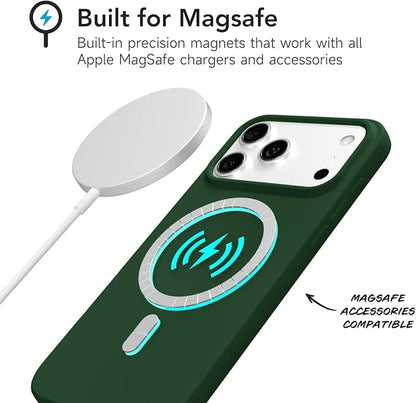 for iPhone 17 Pro Max Case Silicone Compatible with Magsafe Case, Ultra Slim Thin Magnetic Phone Cases Mag Safe, Cute Soft Rubber Gel Matte Plain Wireless Charging Cover for Women, Dark Green