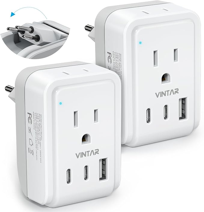 2 Pack Brazil Power Adapter, VINTAR Foldable Type N Plug Adapter with 2 AC Outlets 3 USB Ports (2 USB C), Brazil Outlet Plug for US to Brazilian