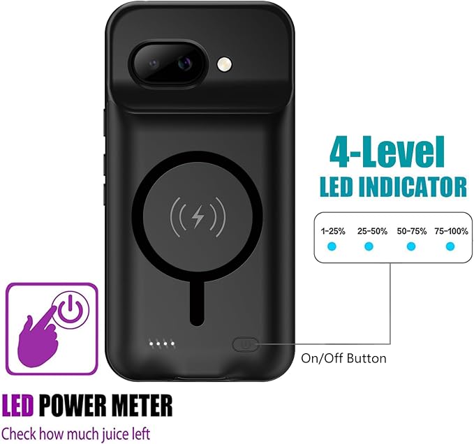 Battery Case for Google Pixel 9A, Upgraded 10000mAh Rechargeable Portable Charging Case with Wireless Charging Compatible for Google Pixel 9A (6.3 inch) Extended Battery Pack Charger Cover (Black)