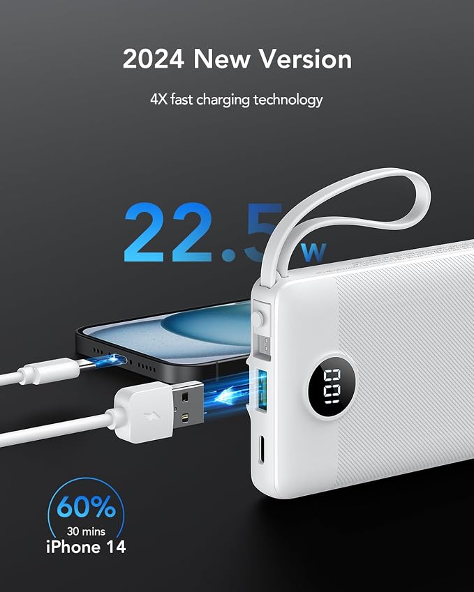 VRURC Power Bank for iPhone, 22.5W Portable Charger with Built-in Cables | 10000mAh USB C In & Out Cord Portable Phone Charger,Slim Lightweight Charging Bank Travel Essentail-White(1 Pack)