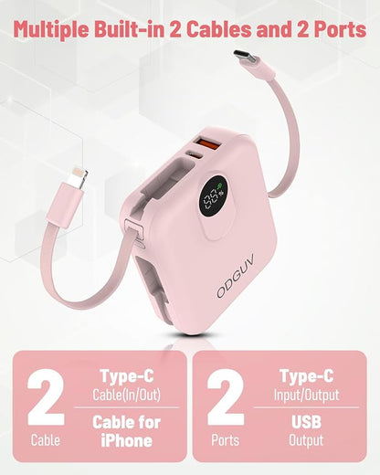 Small Portable Charger with Built-in Cables,22.5W Fast Charging Power Bank,USB-C Mini Battery Pack 10000mAh,Travel Essential Powerbank for iPhone Samsung Android MacBook iPad,Pink