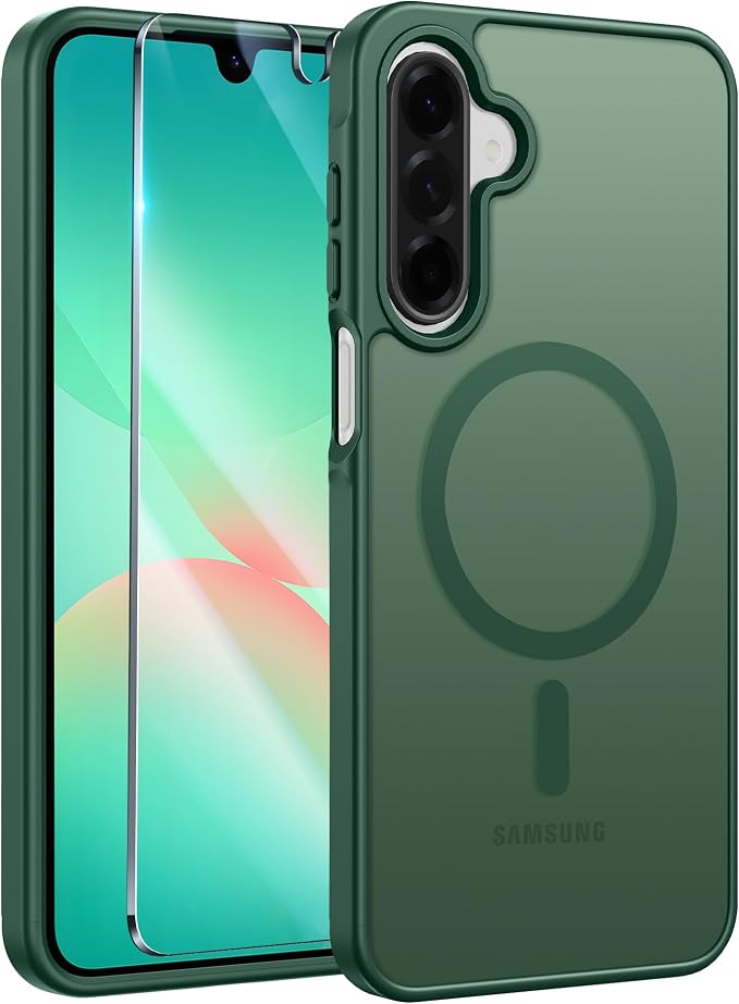 FNTCASE for Galaxy A26 5G Phone Case: Magnetic Matte Translucent Military Grade Drop Protection Cell Phone Cover - Slim Rugged Durable Shockproof Protective for Samsung A26 Cases - Green