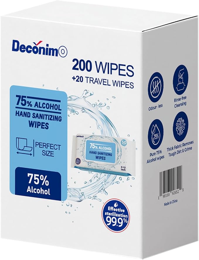 Advanced Large 75% Alcohol Hand Sanitizing Wipes, 4 Packs of 50 (200 count +20 travel wipes) - (Each Wipe Size 6" x 8")