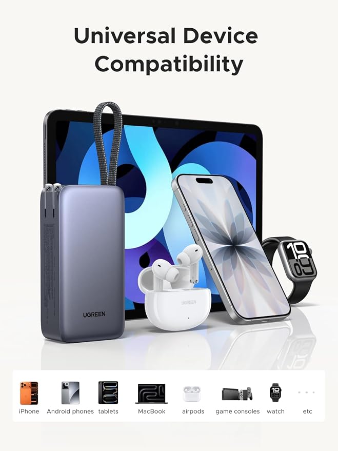 UGREEN 3-in-1 10000mAh 45W Power Bank with Integrated USB-C Cable, Foldable 65W Type-C Charger, Portable USBC Battery Pack and A Fast Charger, Compatible with iPhone 17/16, Galaxy S26/S25