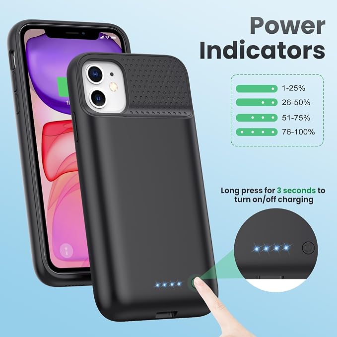 Battery Case for iPhone 11/XR, 7500mAh Ultra-Slim Portable Charging Case Rechargeable Protective Battery Pack for iPhone 11 and iPhone XR External Charger Case 6.1 Inch-Black