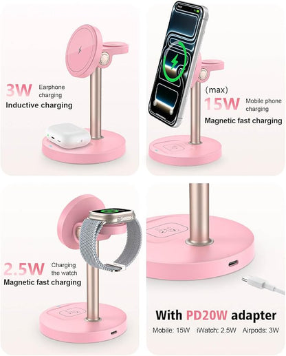 3 in 1 Magnetic Wireless Charging Station, 15W Fast Charger Stand for iPhone, Phone Charger Stand for Desk Nightstand, for iPhone 17/16/15/14/13/12, Apple Watch & AirPods, Adapter Not Included -Pink