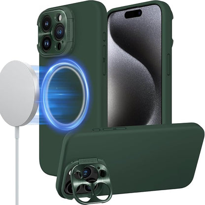 Nillkin for iPhone 15 Pro Case Silicone Upgraded[Compatible with MagSafe][Innovation Metal Camera Invisible Stand] Military Grade Protection Shockproof Phone Case for iPhone 15 Pro 6.1'' Green