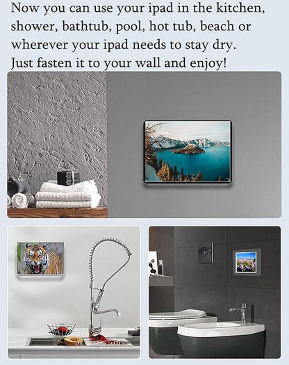 Shower Tablet Holder Waterproof Compatible with Ipad, Wall Mounted Bathroom Tablet Case 360° Rotation,Adhesive Touchable Cradle with Glass Anti-Fog Screen for Bathtub Kitchen White R