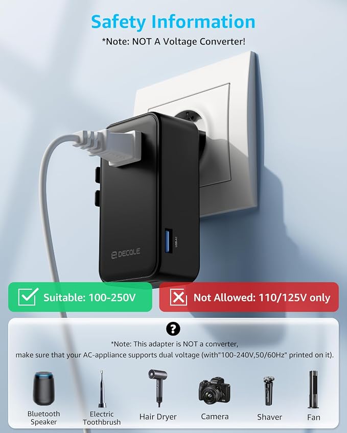“Air” Universal Travel Adapter 3 USB-C＆ 1 USB-A Cover 200+ Countries | GaN 45W, International Plug Adapter, All in One Portable Adapter, NOT A Voltage Converter, for USA, UK, EU, AU (Black)