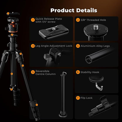 K&F CONCEPT 70" Camera Tripod, Lightweight Travel Tripods for Camera with 360 Degree Ball Head Load Capacity 17.6lbs, Cellphone Clip for Smartphone Live Streaming Vlog K234A3+BH-36