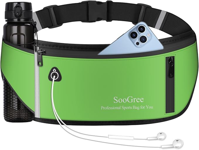 SooGree Slim Running Belt Fanny Pack, Resistant Waist Pack Money Belt Bag for Hiking Cycling Workout, Gym Phone Holder with Adjustable Strap (Green)