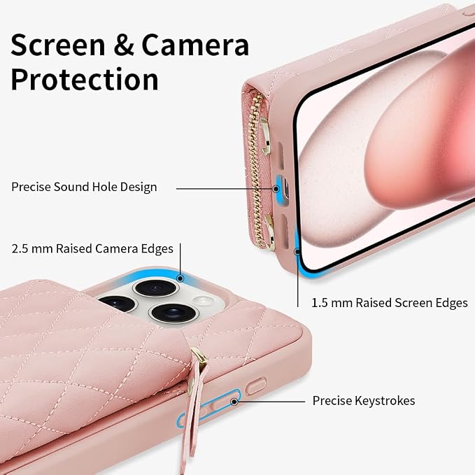 LAMEEKU for iPhone 15 Pro Max Case Wallet, Crossbody Wallet Case with Card Holder, Quilted Leather Case with Chain Strap, RFID Protectionn Cover for Women for iPhone 15 Pro Max 6.7" Pink