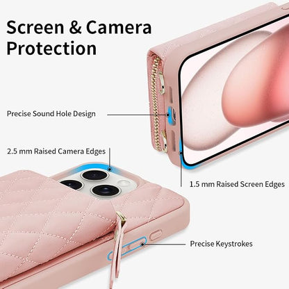 LAMEEKU for iPhone 15 Pro Max Case Wallet, Crossbody Wallet Case with Card Holder, Quilted Leather Case with Chain Strap, RFID Protectionn Cover for Women for iPhone 15 Pro Max 6.7" Pink