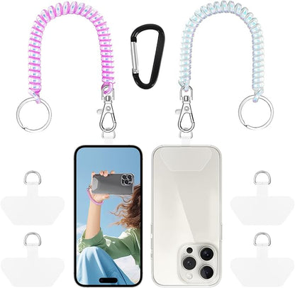 Doormoon Phone Lanyard Leash with 4 Patch, 2* Phone Tether, 4* Phone Tether Tab, 1* Carabiner for Climbing Outdoor Hiking Cycling Skiing Compatible for Smartphones Keys, PearlWhite; PearlPurple