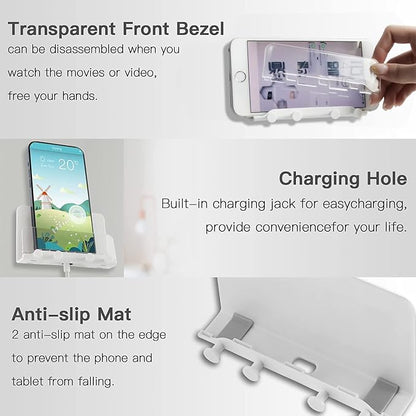 Clear Wall Mount Adhesive Phone Holder,Multi-Function Cell Phone Charging Brackets Holders,Hook for Living Room, Kitchen, Bathroom, Office,Compatible with Most Phones and Tablet