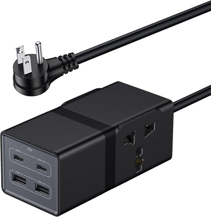 Universal Travel Adapter, VatFott 65W GaN Fast Charger 6-in-1 Power Strip with 2 International Outlets, 2 USB C, 2 USB Ports, 6ft Extension Cord, 110-240v, Power Adapter for Travel Essentials Black
