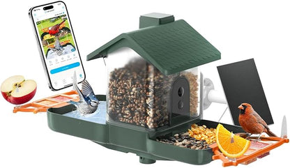 Bird Feeder with Camera and Bath, Dual-Lens 2K HD Video, AI Bird Identification, Solar Powered, Instant Alerts, IP66 Weatherproof