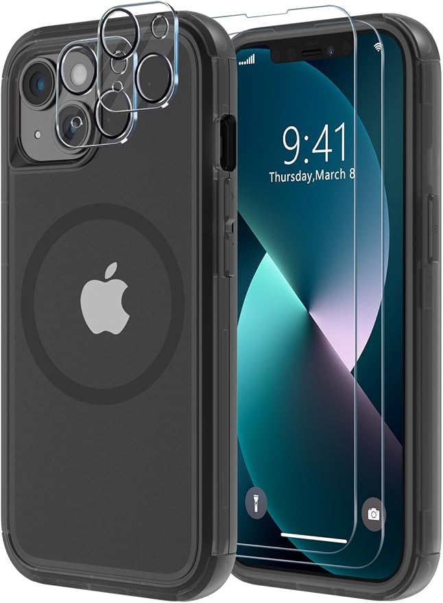 Diverbox for iPhone 13 Case [Compatible with MagSafe] [Shockproof] [Dropproof] [with Screen Protector ] 3in1 Heavy Duty Protection Phone Case Cover for Apple iPhone 13 (Matte Black(Magnet))
