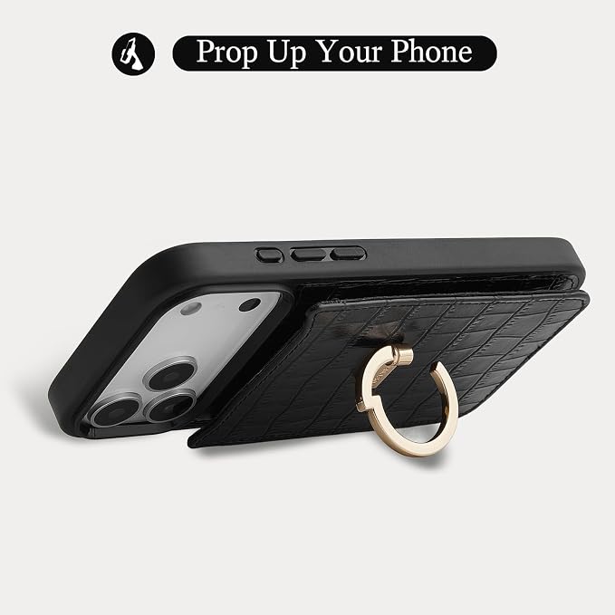 CUSTYPE Compatible with iPhone 17 Pro Wallet Case with Card Holder,180°Ring Holder Kickstand Card Slots Case,PU Leather Protective Case for iPhone 17 Pro 6.3inch-Black
