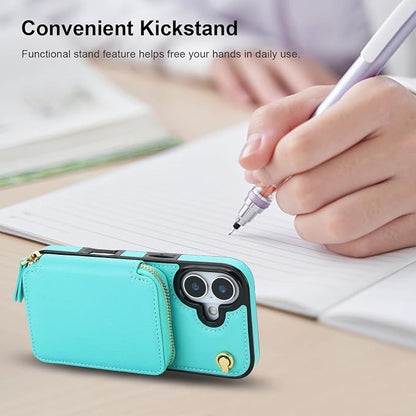 Bocasal Crossbody Wallet Case for iPhone 17, RFID Blocking Leather Purse Case with Card Holder, Protective Handbag Flip Cover with Zipper Wrist Strap Lanyard for Women 5G 6.3 Inch (Mint Green)