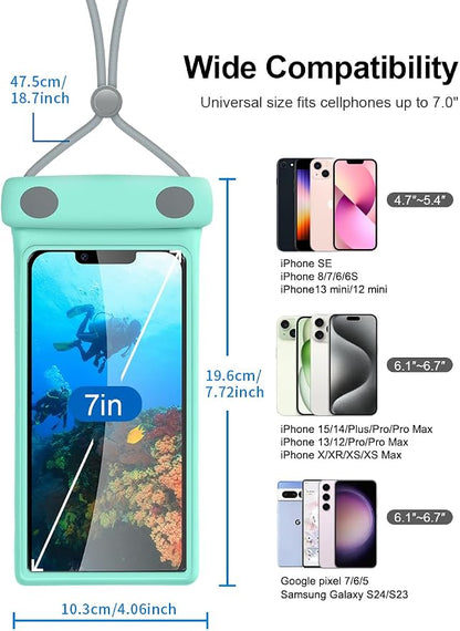 wellhouse Waterproof Phone Pouch, Waterproof Phone Case for iPhone 16 15 14 13 Pro Max XS Samsung, IPX8 3D Cellphone Dry Bag Beach Essentials - Duke Crystal Mint