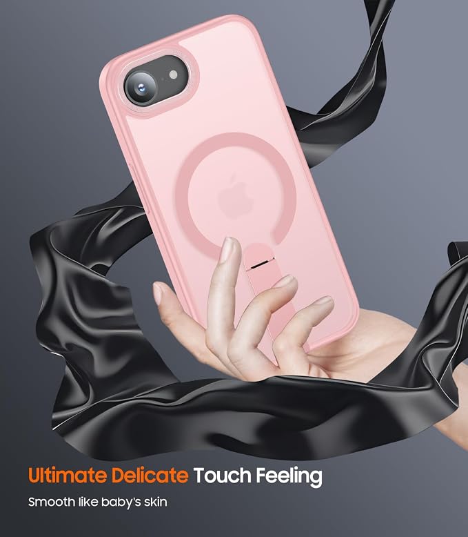 for iPhone 16e Case with Stand, Fit for MagSafe, Slim Translucent Matte Military-Grade Drop Protection Magnetic Kickstand Cover, Pink