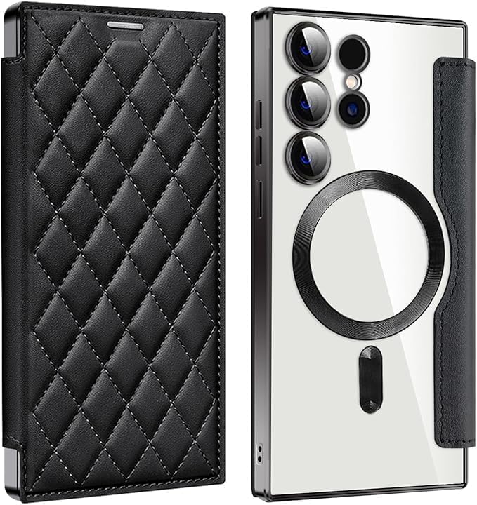 Leather Case for Samsung Galaxy S25 Ultra/S25 Plus/S25, RFID Blocking Flip Case Wireless Charging Magnetic with Card Holder Phone Cover (Black,S25 Plus)