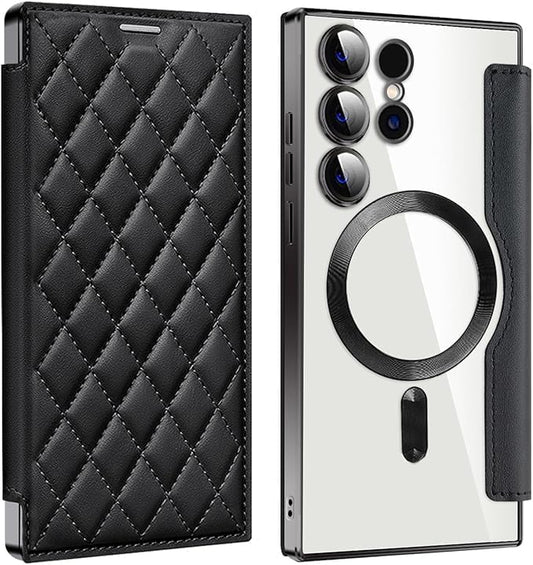 Leather Case for Samsung Galaxy S25 Ultra/S25 Plus/S25, RFID Blocking Flip Case Wireless Charging Magnetic with Card Holder Phone Cover (Black,S25 Plus)