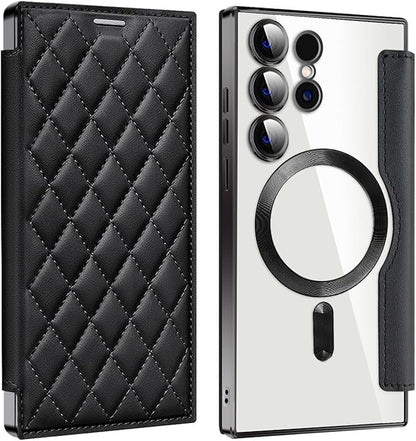 Leather Case for Samsung Galaxy S25 Ultra/S25 Plus/S25, RFID Blocking Flip Case Wireless Charging Magnetic with Card Holder Phone Cover (Black,Samsung Galaxy S25)