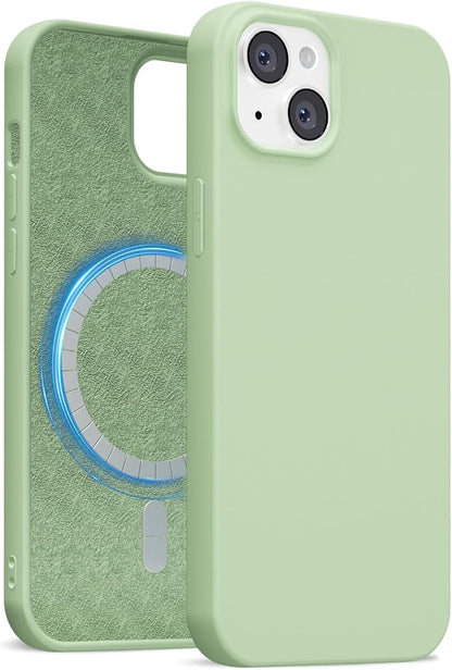 for iPhone 15 Plus/ 14 Plus Case Silicone Compatible with Magsafe Case, Ultra Slim Thin Magnetic Phone Cases Mag Safe, Cute Soft Rubber Gel Matte Wireless Charging Cover for Women, Sage Green