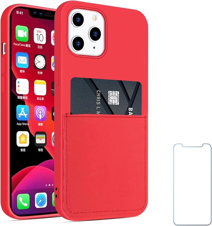 Ultra Slim Liquid Silicon Gel Case Compatible with iPhone 12,for iPhone 12 Pro 6.1 inch 2020 with Card Holder Sleeves Slot Anti-Scratch Shockproof Wallet Cover with Screen Protector (Red)